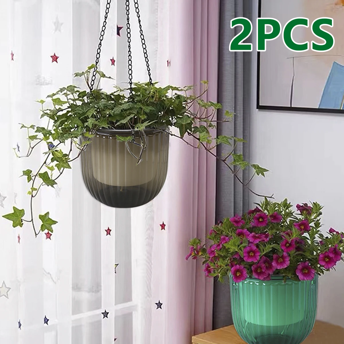 2Pcs Self Watering Hanging Planter Succulents Cacti Orchids Planter Flower Pot with 12 Drainage Holes&Detachable Chains Home