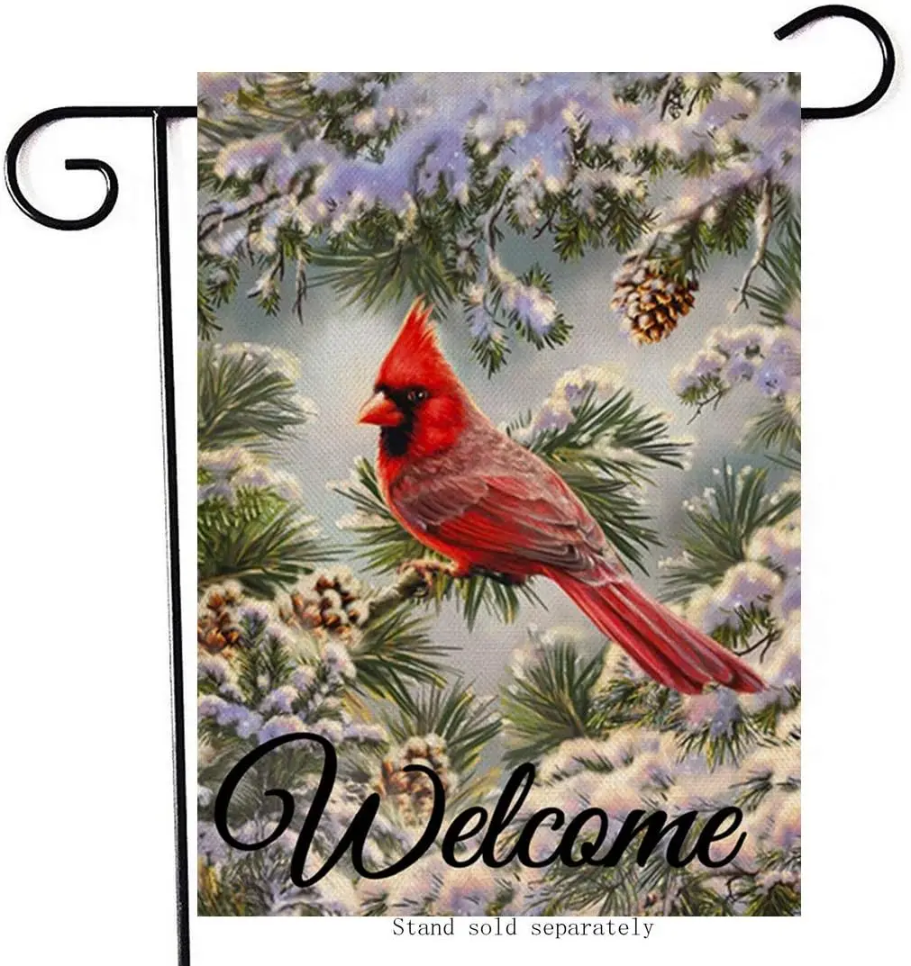 Artofy Welcome Winter Decorative Cardinal Small Garden Flag, House Yard Outside Red Bird Decor Snowy Pine Tree Branches, Christm