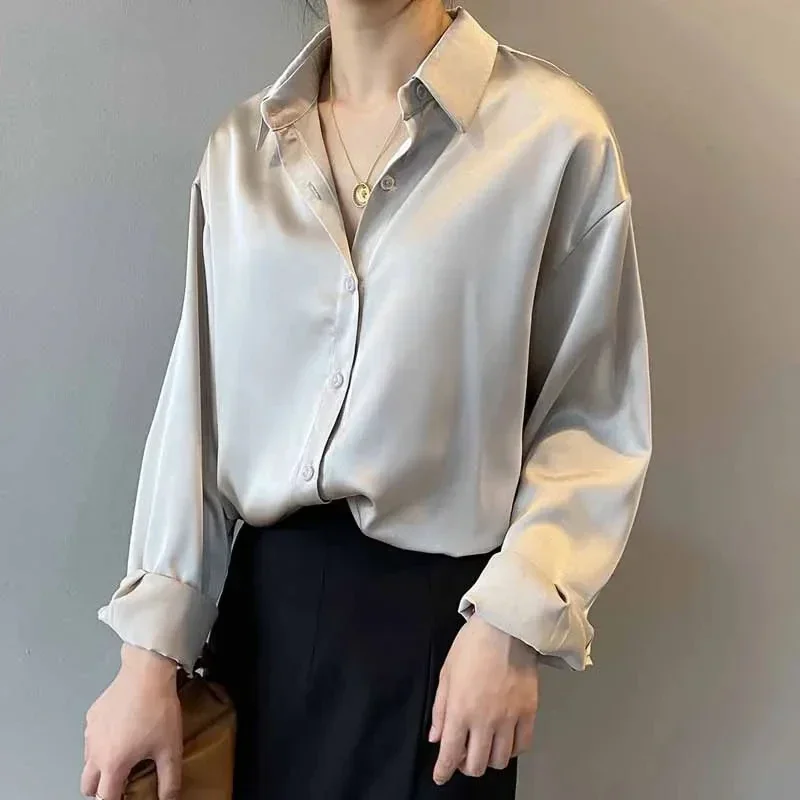 Silk Korean Office Ladies Elegant Shirt Blouse Women Fashion Button Up Satin Shirt Vintage White Long Sleeve Shirts Tops 11355