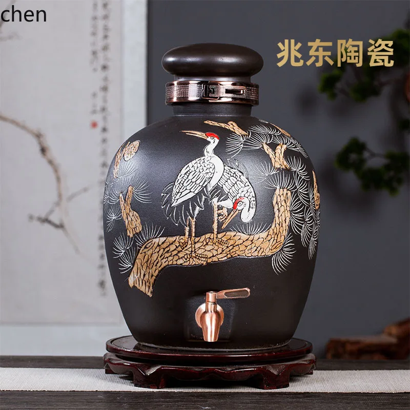 YFY ceramic handmade wine jar soaking wine storage jar 10/20/30/50/ 50kg carved white crane wine jar
