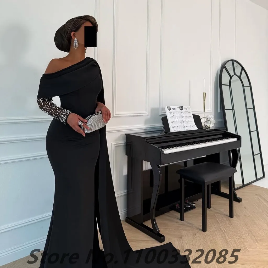 Eightale Customized Black Cape Evening Dress One Shoulder Mermaid Prom Party Dresses Women Dubai Formal Gowns Customize image 5