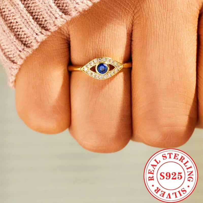 

925 Silver Devil Eye Ring 18k golden Blue Zircon Open for Women retro Adjustable Fashion Party Jewelry Gift