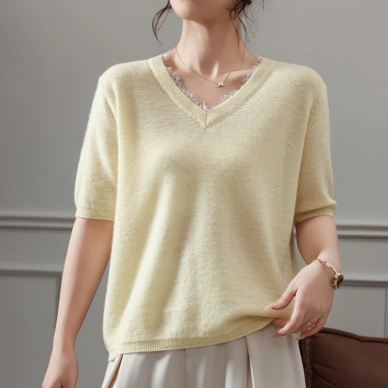 

New 26 women's knitted V-neck pullover sweater T-shirt fashionable and versatile summer thin short sleeved cashmere wool sweater