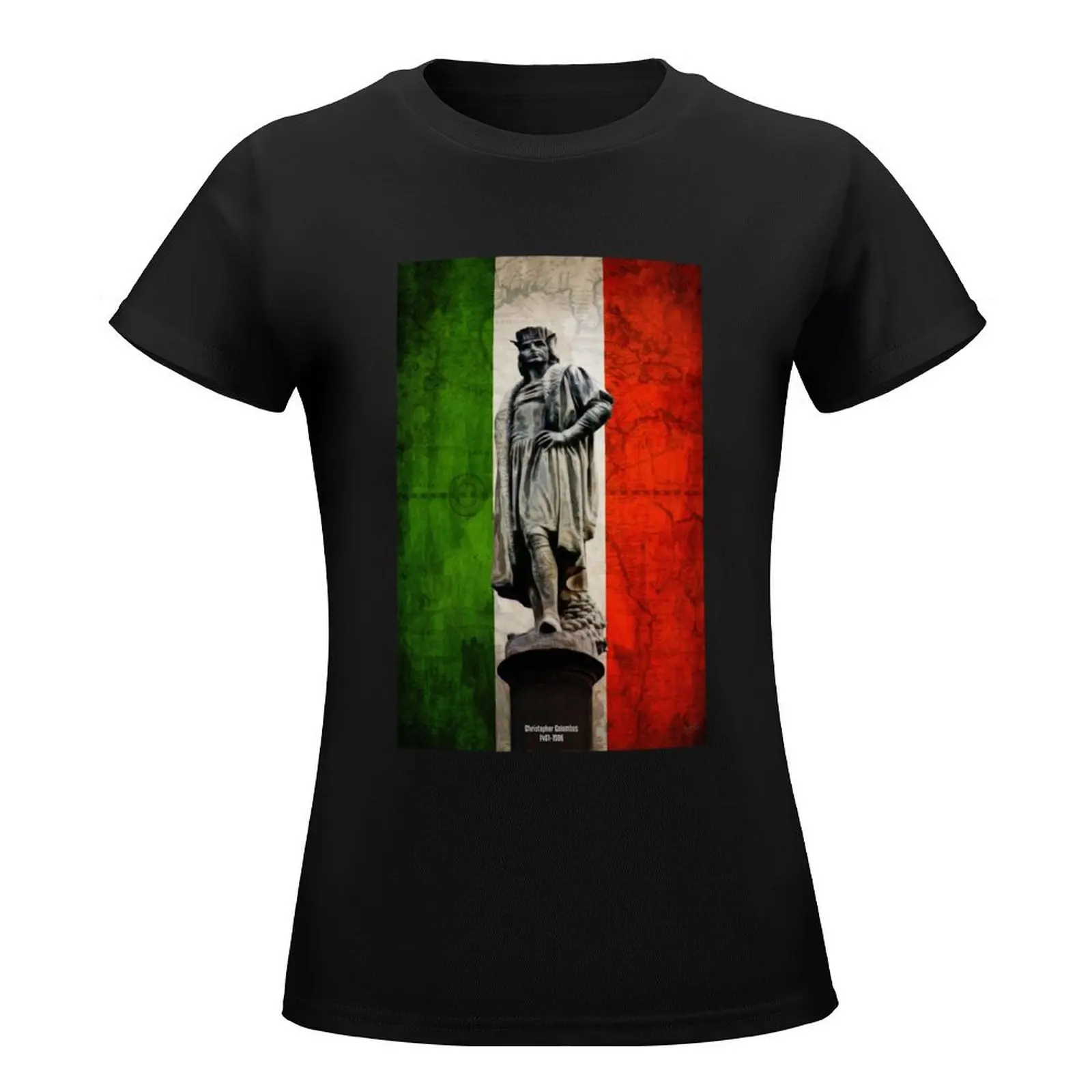 Christopher Columbus Statue with Italian Flag T-Shirt oversized plus size tops summer top aesthetic clothes clothes for Women