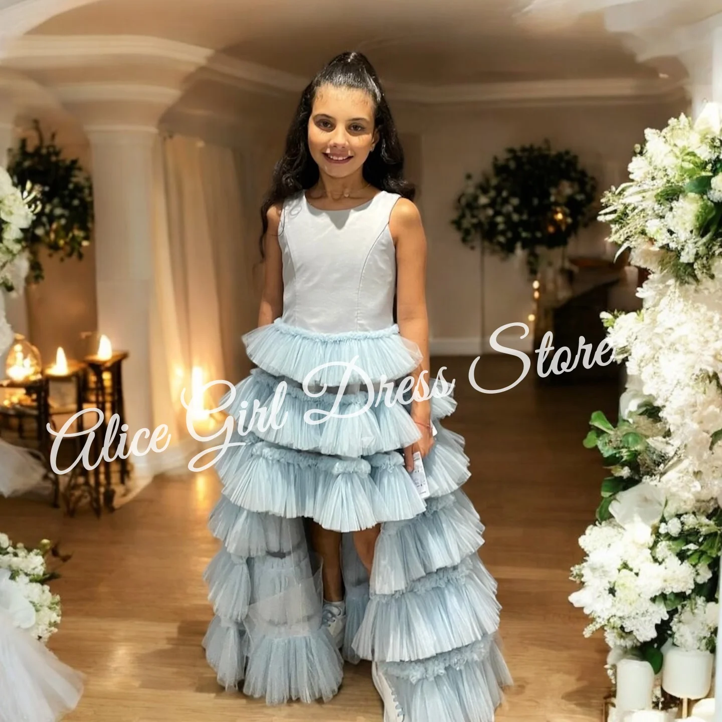 

Customized Blue Flower Girl Dresses for Wedding Layered High-Low Floor Length Girl Kids Birthday Dress First Communion Gowns