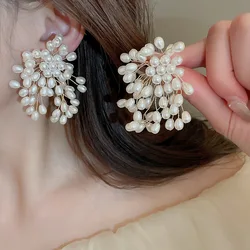 Minar Hyperbole Simulated Pearl Flowers Large Drop Earrings for Women Wholesale Gold Plated Alloy Statement Wedding Jewelry