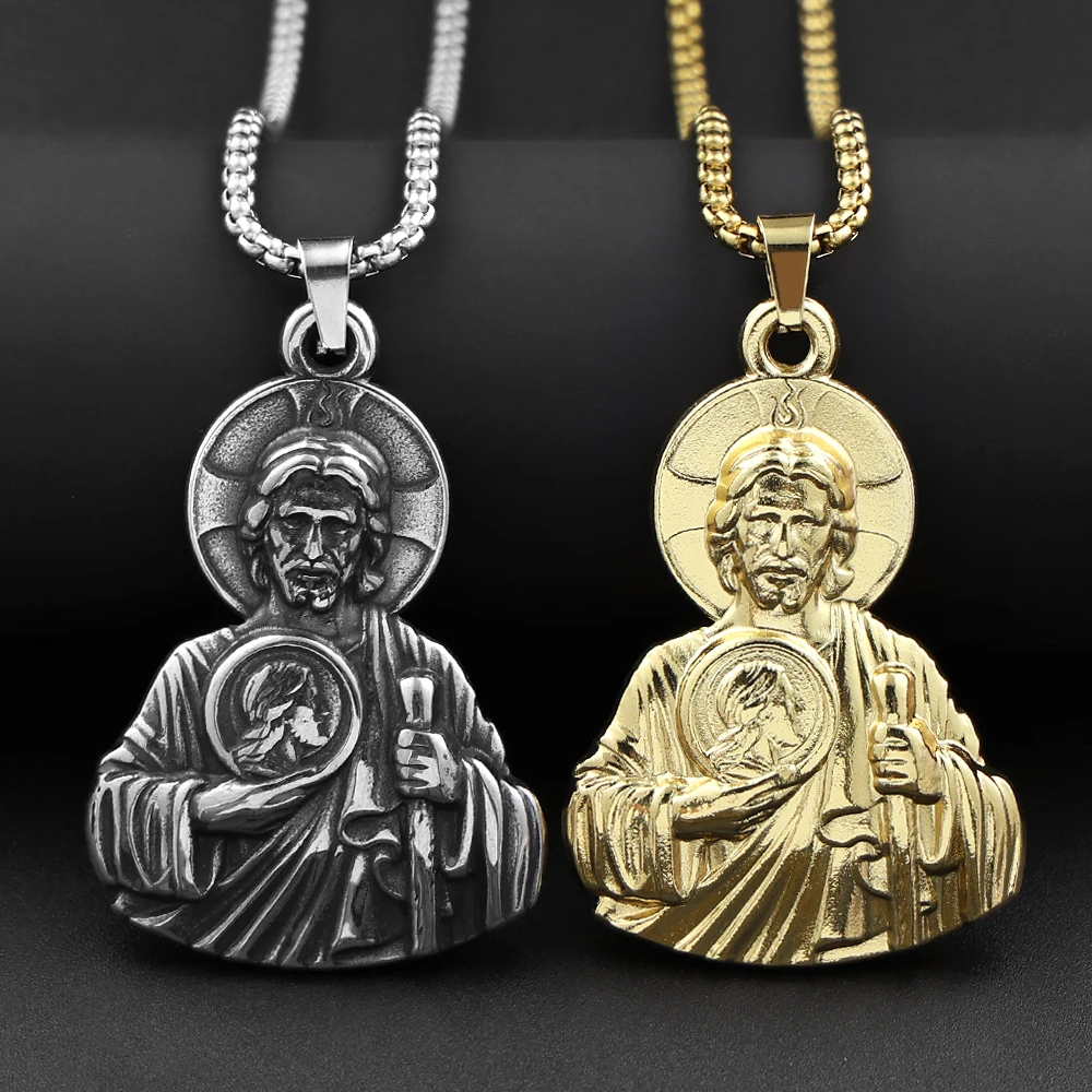 Catholic San Judas Tadeo Medal Pendant Necklace for Men Women Stainless Steel Saint Jude Thaddeus Chain Amulet Jewelry Gift