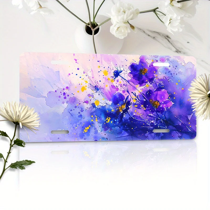 2D Flat, 1pc Purple & Yellow Watercolor Flower License Plate - Aluminum Car Decal Suitable for Front/ Rear Vehicle Plate