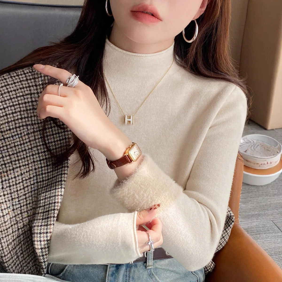

Lazy Style Solid Color Versatile Inner Wear Comfortable Casual Women's Knitted Fleece Lined High Collar Sweater Base Layer Top