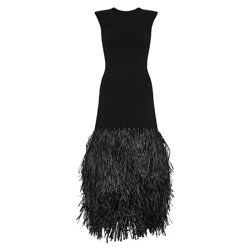 Women Fashion O-neck Sleeveless Slim Long Dress Sexy Backless Hollow Out Party Dress Elegant Tassel Patchwork Knitted Vest Dress