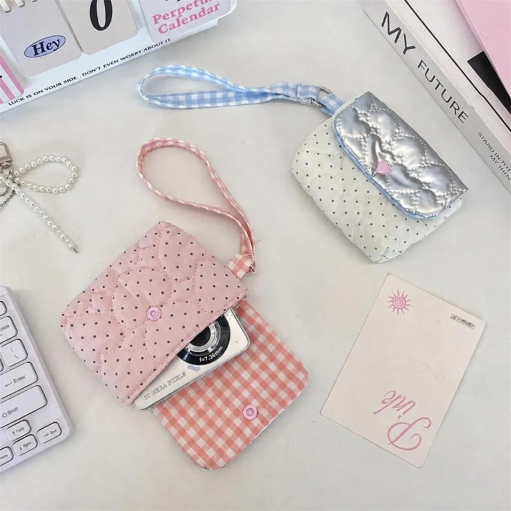 Mini Earphone Storage Bag Love-heart Polka Dot Snap Button Camera Storage Pouch Quilted Key Jewelry Protective Pouch