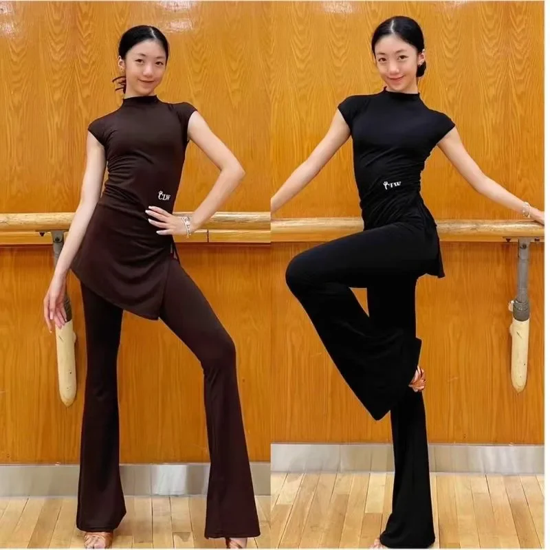 Women Latin Dance Suit Short Sleeve Top Flared Pants Split Set Modern Dance Training Costume