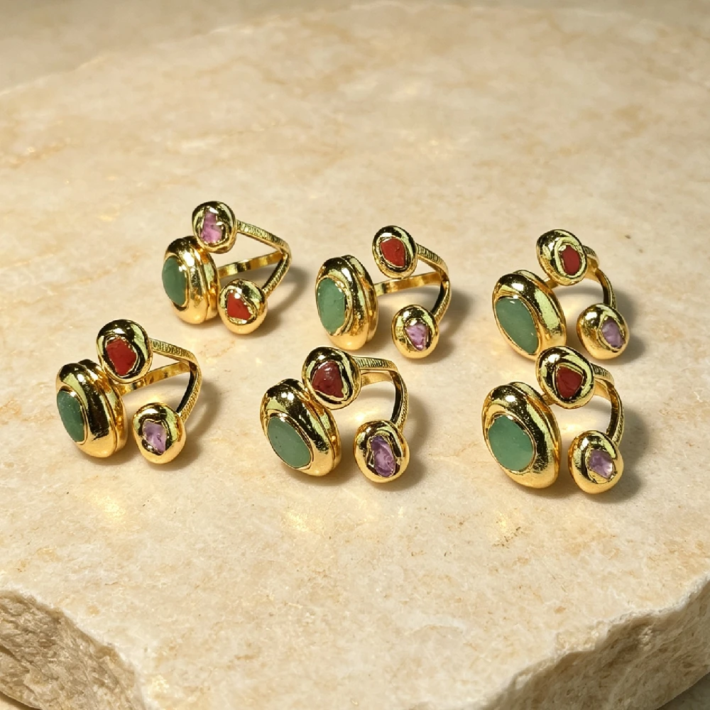 1PC Triple Natural Mineral Inlaid Open Adjustable Ring Multi‑Bezel Statement Finger Ornament Golden Plated R2G1029