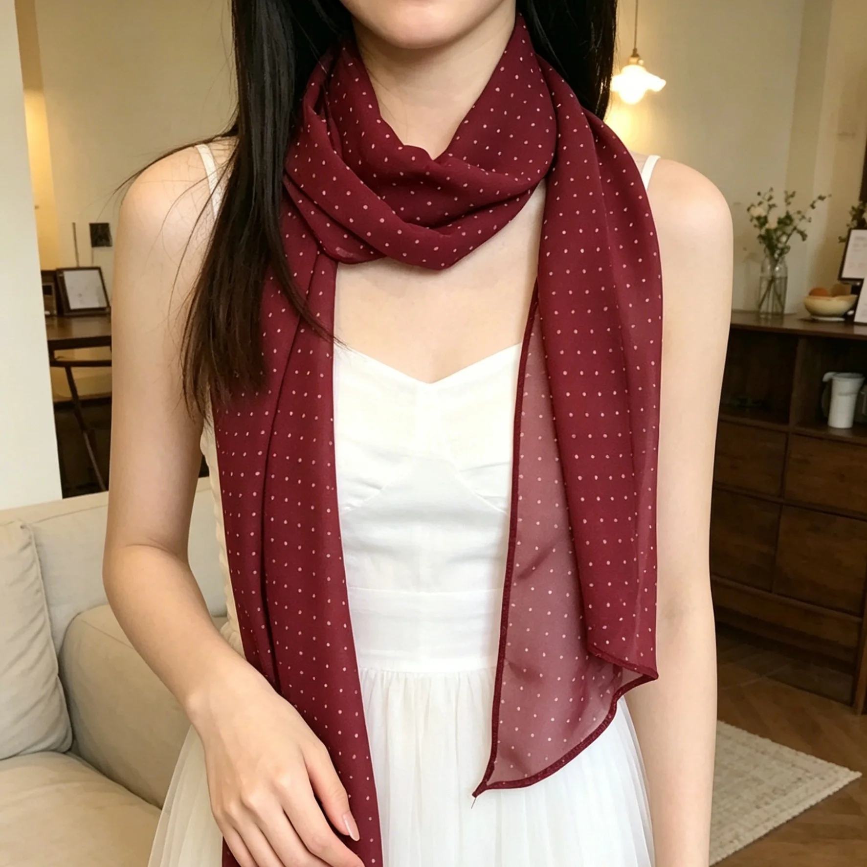 

New Arrival: Korean-Style Red Polka Dot Silk Scarf for Women – A Luxurious, Versatile Neck Scarf with a Flowing Ribbon Design