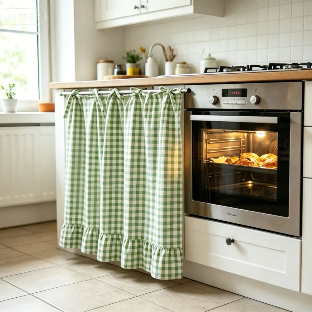 Ruffled Edge Farmhouse Plaid Kitchen Oven Skirt Cotton No Drilling Kitchen Stove Cover with Tie Ribbon Kitchen Cabinet Curtain