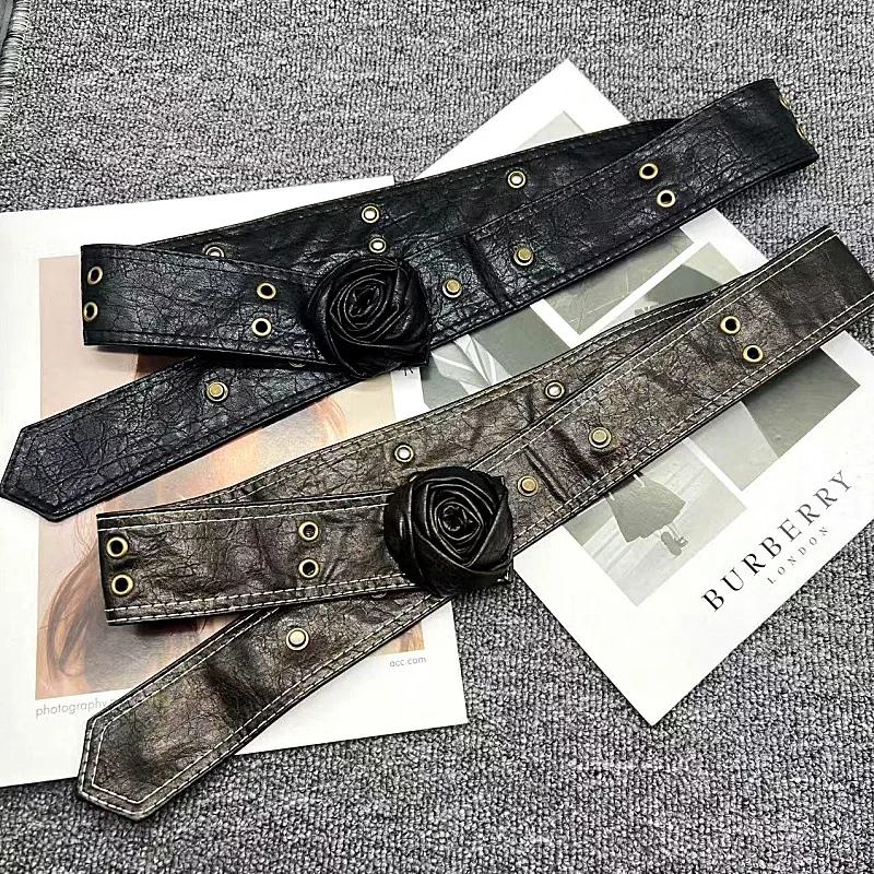 Luxury Designer Vintage Soft PU Leather Waistbands for Women Y2K Rose Waist Belts Non -buckle Pin Buttons Cinturones Para Mujer