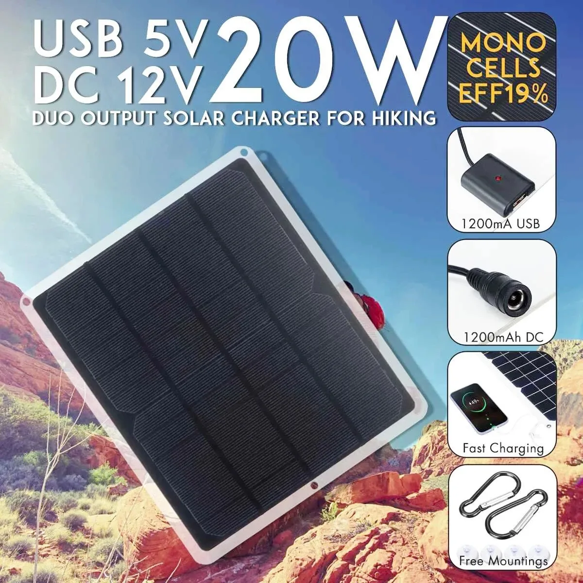 

All-in-One Solar Charging Solution: 20W Panel with Dual USB Ports & 12V Charger for Cars, Boats, RVs