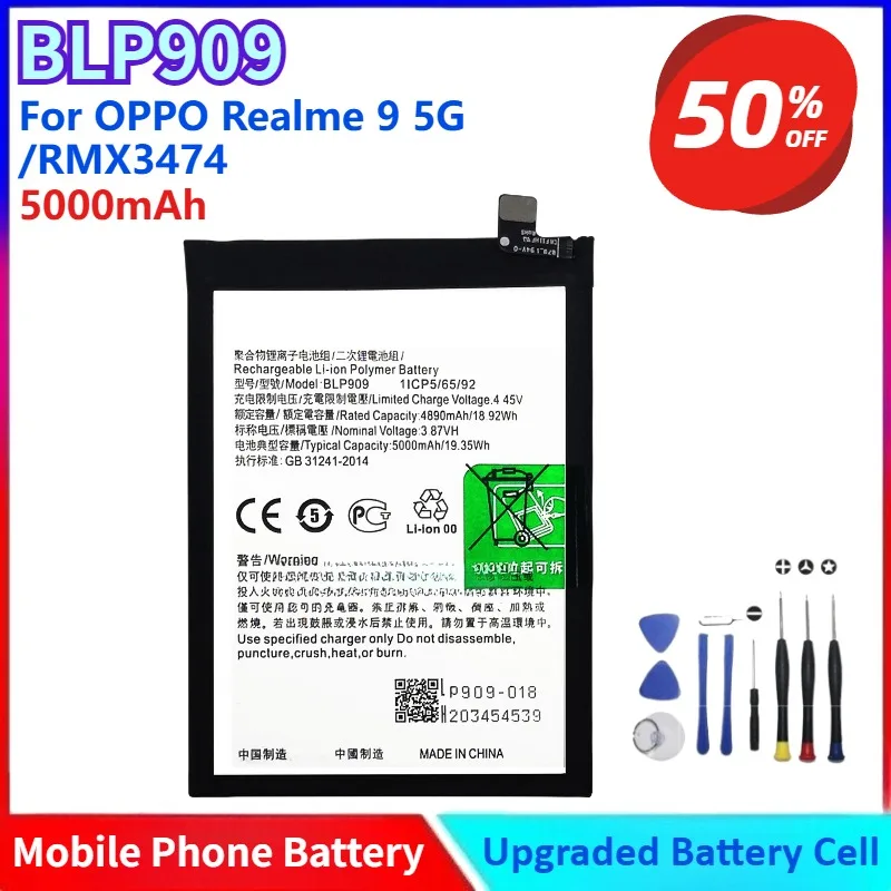

Совершенно новый аккумулятор для телефона BLP909, 5000 мАч, 19,35 Втч для OPPO Realme 9 5G/RMX3474, сменный аккумулятор для мобильных устройств + бесплатные инструменты