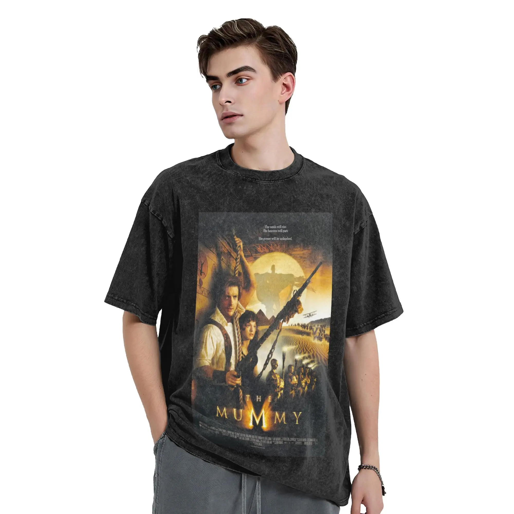 Casual The Mummy Poster Vintage Washed T-Shirt Men Cotton Short Sleeve Horror Movie Crewneck Summer Top Tee
