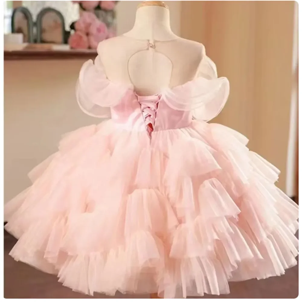 Elegant Pink Flower Girl Dress Beaded Baby Kids Princess Wedding Birthday Party First Communion Customize Gown