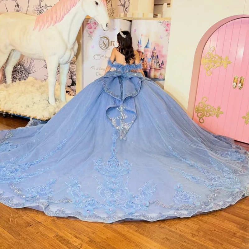 Blue Glitter Quinceanera Dresses Off Shoulder Ball Gown Sweet 16 Dress Sequin Applique Lace Bow Beads Tull Party Birthday Vetido
