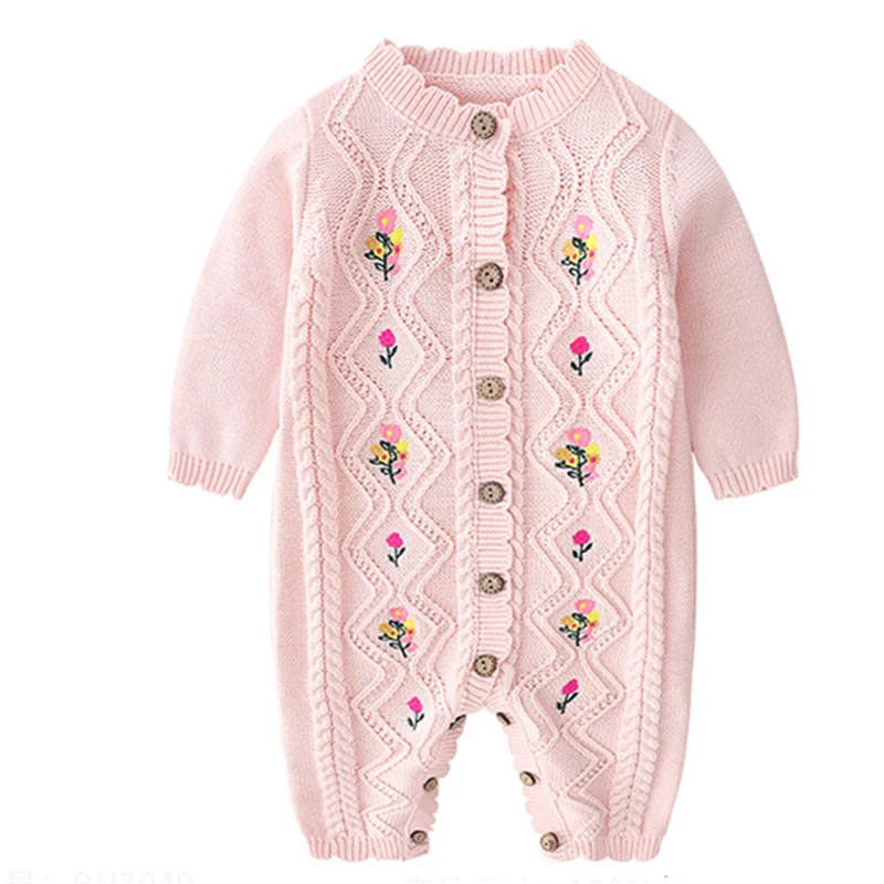 Baby Rompers Knitted Autumn Newborn Jumpsuits Embroidery Flowers Cartoon Girls Clothes Winter Toddler Sweater Children Overall
