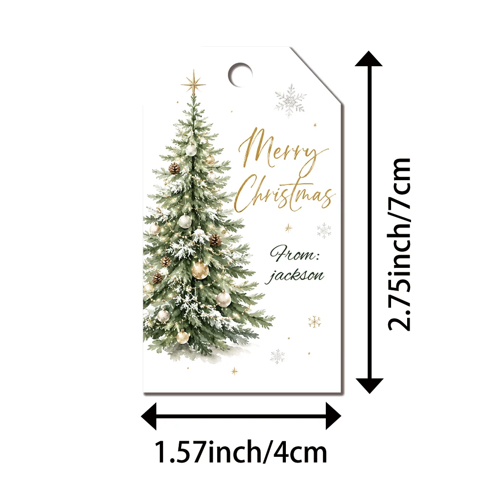40 Pcs Custom Text Merry Christmas Gift Tags ,Watercolor Snowy Christmas Tree Personalized Hanging Labels,with Jute Rope