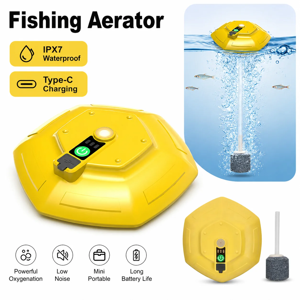 Floating UFO Fish Aerator Portable 3000mAh Type C Fast Charging IPX7 Waterproof Oxygen Pump for Fishing Live Bait Bucket
