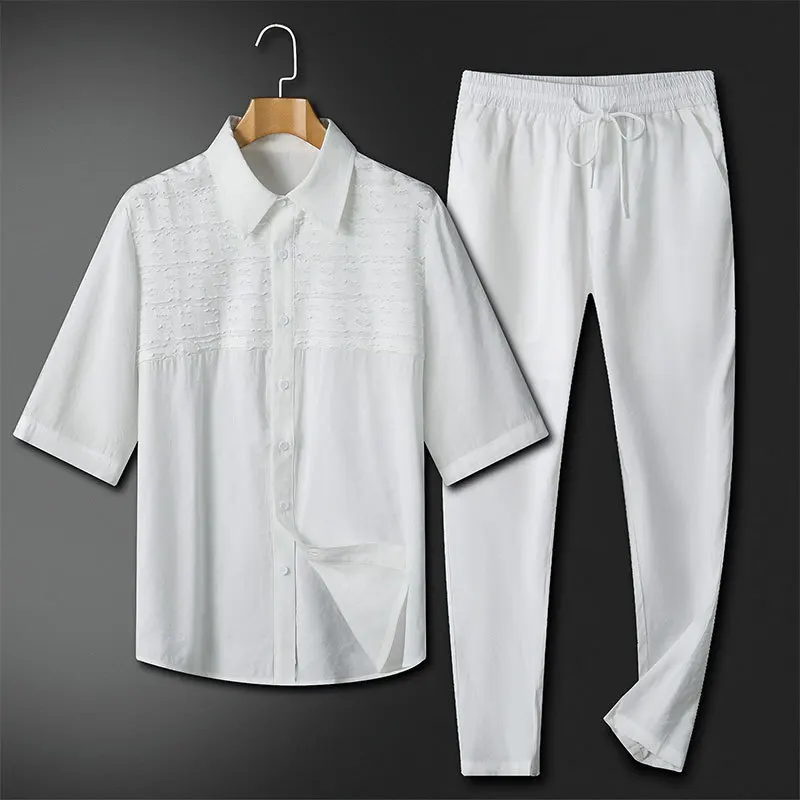 Zomershirt Casual tweedelig heren zomer button-up trend donkerkorrel zijdeachtige revers sportpak met halve mouwen