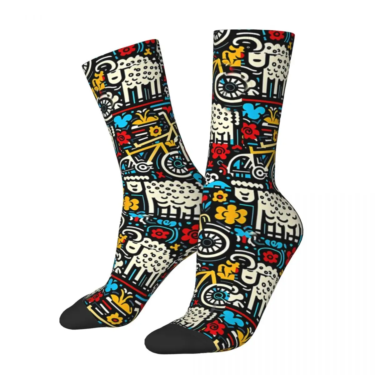 Crazy Sock for Men Cycling Past Sheep Mountains Trails Downhill MTB Happy Quality Pattern Printed Boys Crew Sock Seamless Gift