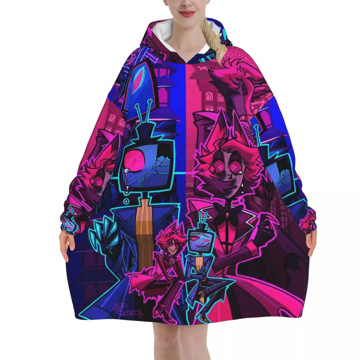 

Hazbins Hotels Alastor Vox 2 Wearable Blanket Hoodie for Women Men Oversized Sweatshirt Blanket with Pocket