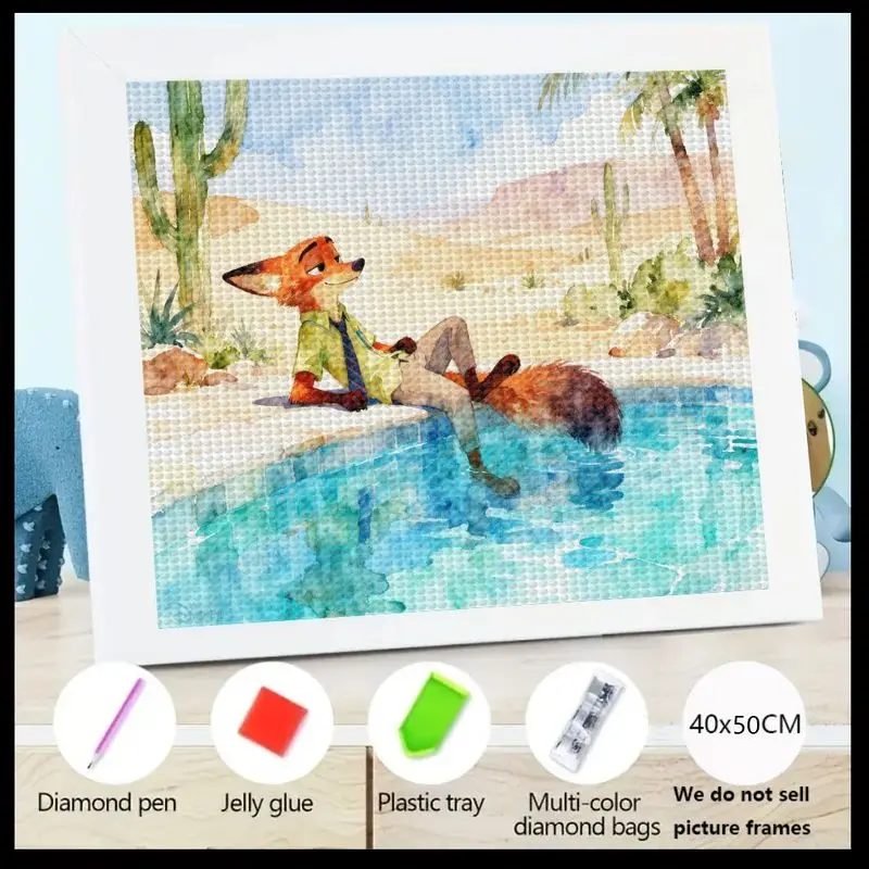

1PC Disney Zootopia Nick Wilde Diamond Painting Kit, 5D Full Drill Cartoon Fox Animal Art DIY Painting Set, Relaxing By Pool Des