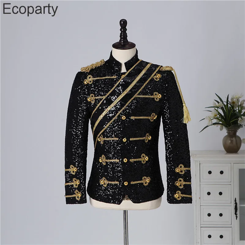 

Men's Steampunk Sequin Blazer Jacket Retro Black Stand Stand Collar Tassel Design Outfits Singer Stage Show Party Prom Costume