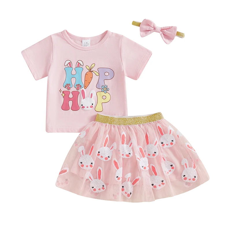 

Toddler Girl Easter Outfit Letter Print Short Sleeve T-Shirt with Sequin Bunny Tulle Skirt and Bow Headband 3 Pcs Set