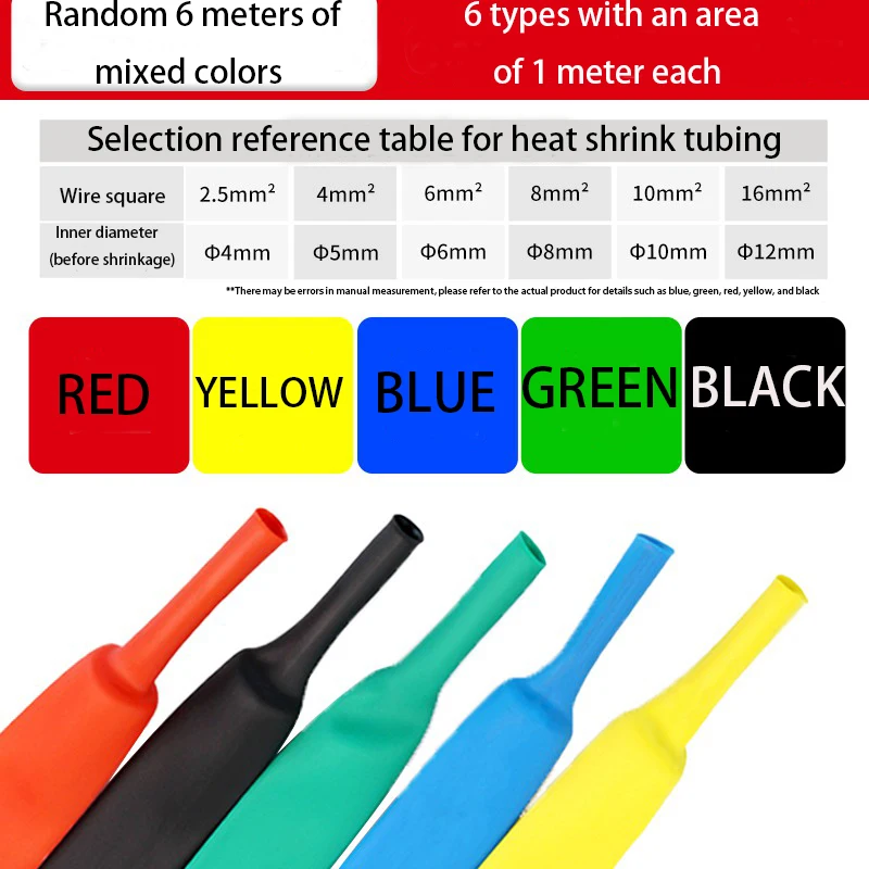6M/1/2/3/4/5/6/7/8/10/12mm One Meter Each Size  Color Heat Shrinkable Tube Shrink Tube Kit Insulation TubingWire Cable Insulatio