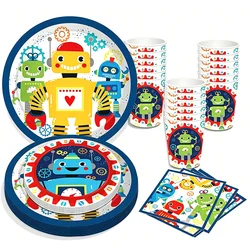 Robot Birthday Party Supplies Cartoon Robots Tablecloth Paper Plates Cups Napkins Robots Happy Birthday Banner Boys Party Decors