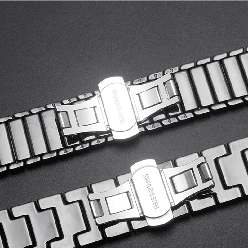 18mm 20mm 22mm 24mm Stainless Steel Watchband Curved Lnterface Butterfly Ceramics Watch Strap For Tissot Ar-mani Citizen Seiko