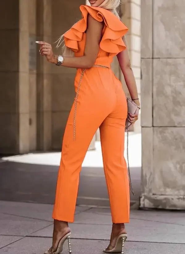 Fashion Elegant office Long Jumpsuit  for Woman 2023 Summer New Solid Color Sleeveless Ruffle Hem One Shoulder Jumpsuit