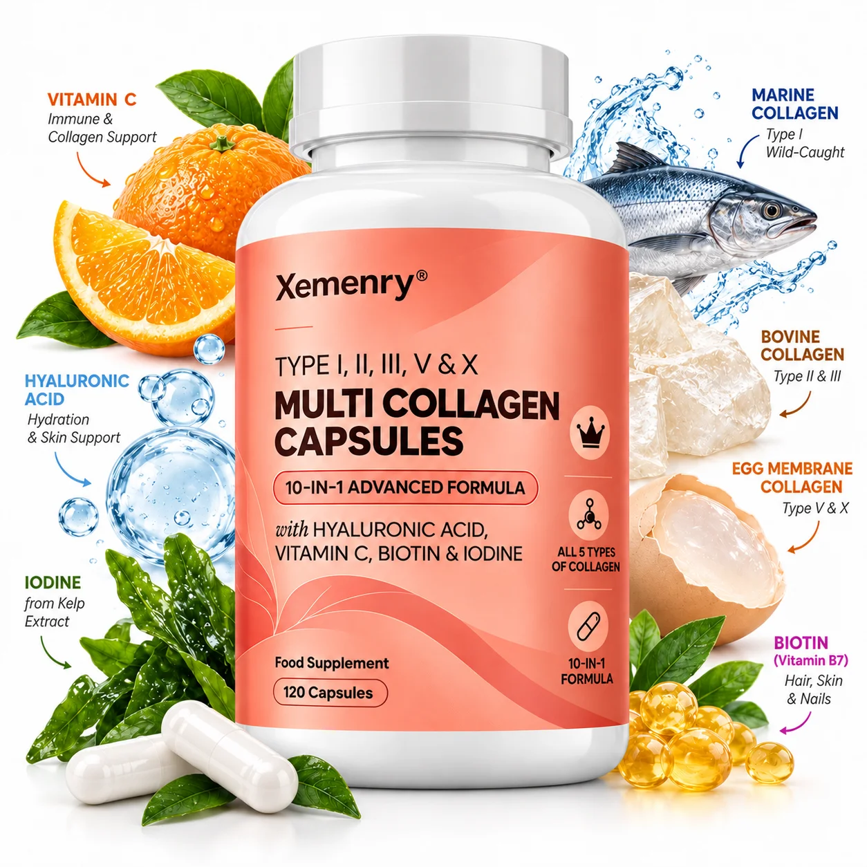 Multi Collagen Complex Capsules - Supports Skin Hydration, Hair, Nails & Connective Tissue Health with Hyaluronic Acid