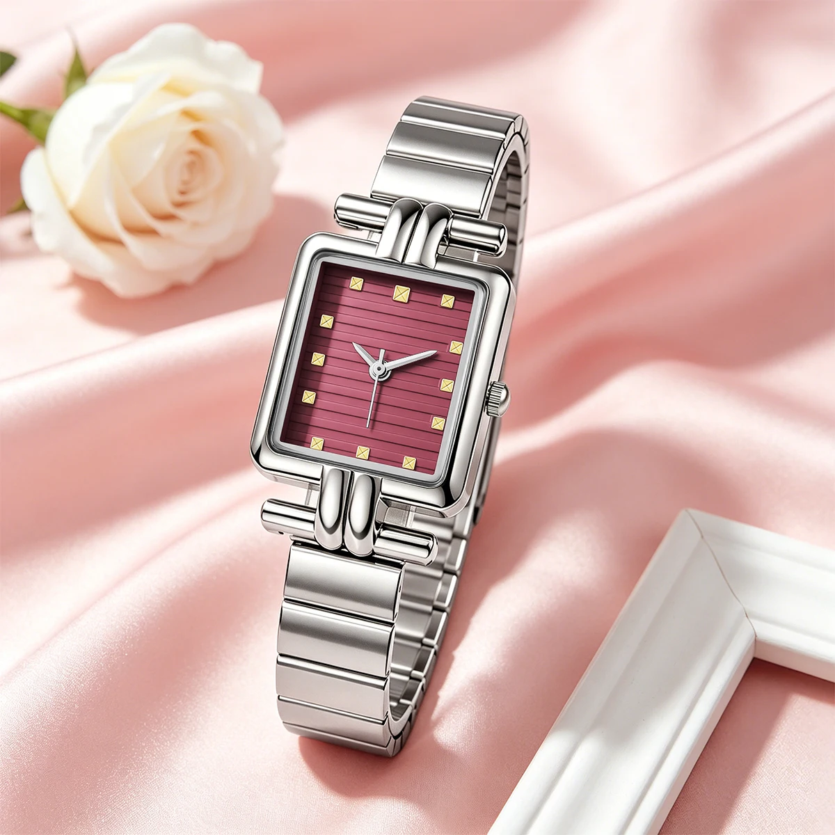 Women Square Quartz Watch Luxury Stainless Steel Bracelet Wristwatch Black Dial Gold Scale Elegant Ladies Dress Clock Gift For G