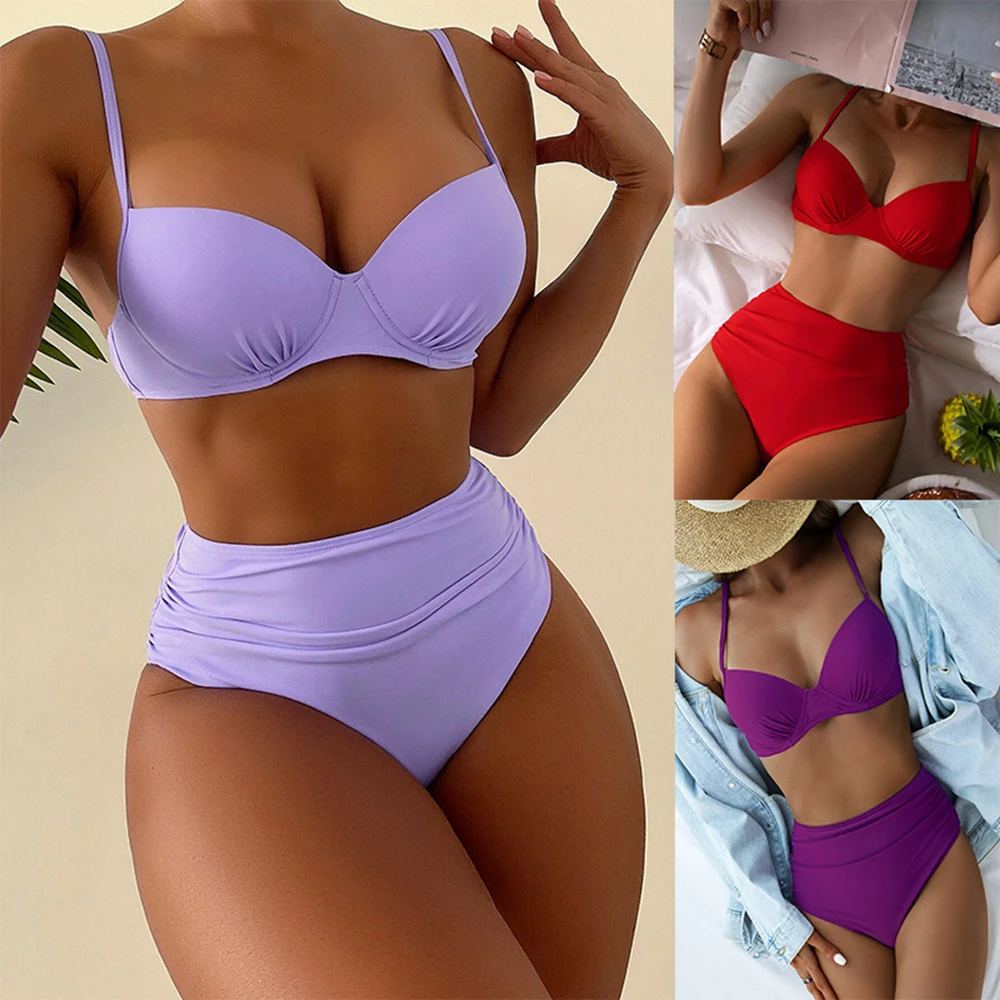 Solid Ruched Bikini Swimsuit High Waisted Women Sexy Red/Purple Two-Piece Bikini Set 2024 Summer New