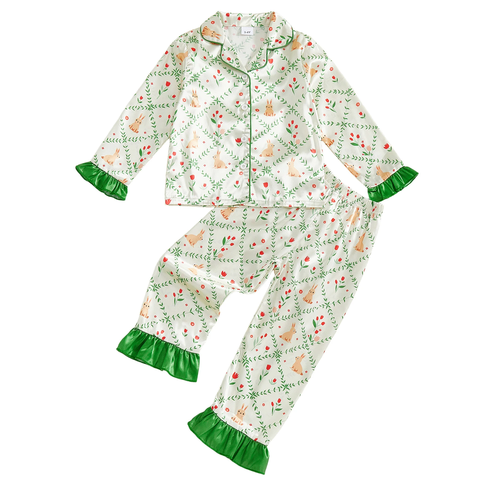 

2Pcs Pajamas Sets for Little Girl Long Sleeve Button Down Lapel V Neck Tops and Elastic Waist Pants Nightwear