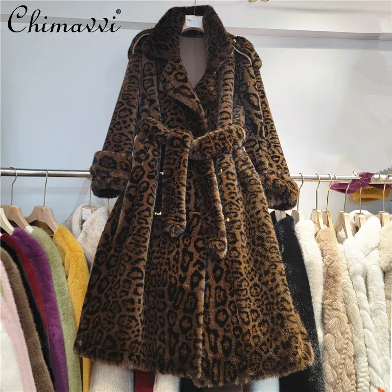 Autumn and Winter New Fashion Lapel Fur Imitation Mink Fur Jacket High-end Leopard Print Loose Warm Long Elegant Faux Fur Coat