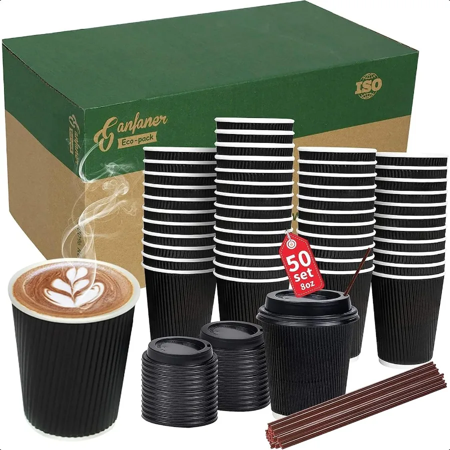 

50 Sets 8oz Coffee Cups with Lids Paper Cups Handy Insulated No Sleeve Needed for Ice Coffee Cups Party Meeting to Go Juice C