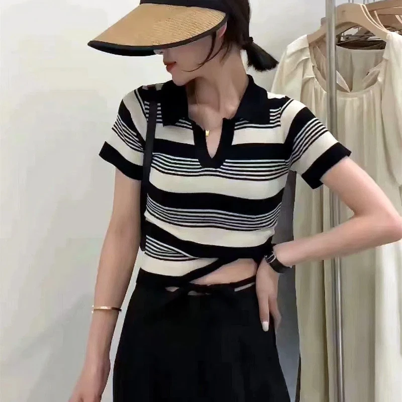 Vintage Contrast Striped Polo Neck T Shirts Summer New Short Sleeve Slim Short Trend Tops Tees Fashion Casual Women Clothing