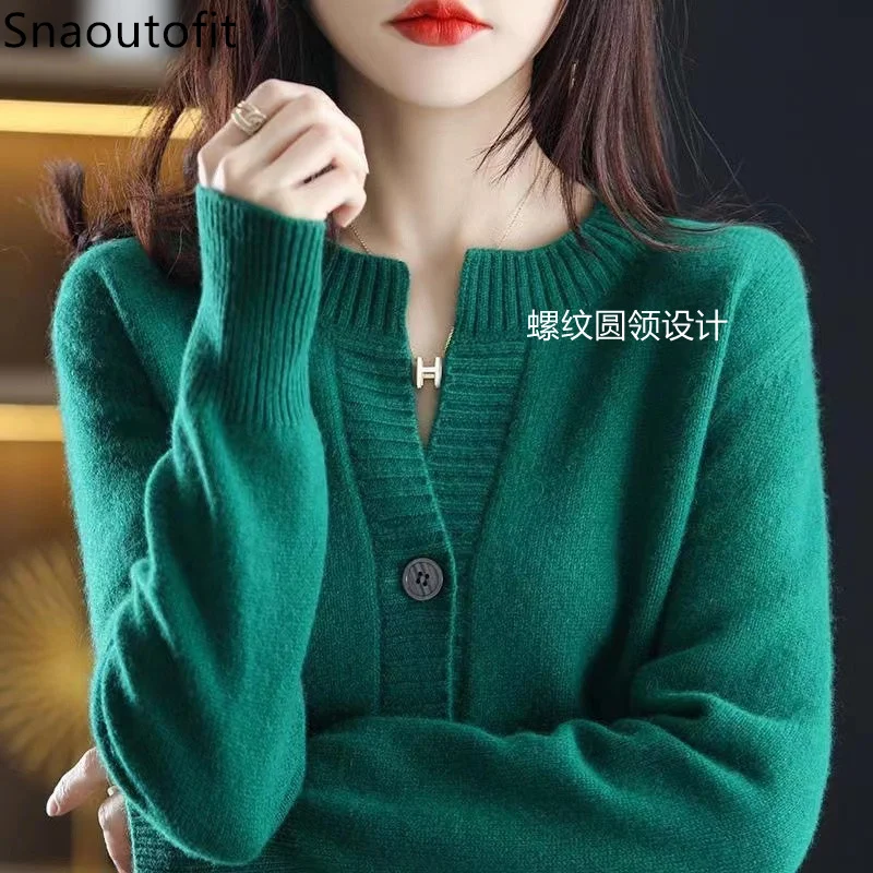 100% Wool Cardigan Women\'s long sleeve top Spring and Autumn Thin Round Neck Cashmere Sweater Loose Coat Fashion Knitted jacket