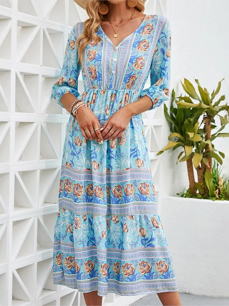 

Casual Floral Print Loose Dress Lady Fashion V Neck Three Quarter Button Pullover Dresses Women Boho Holiday Womens Clothing New