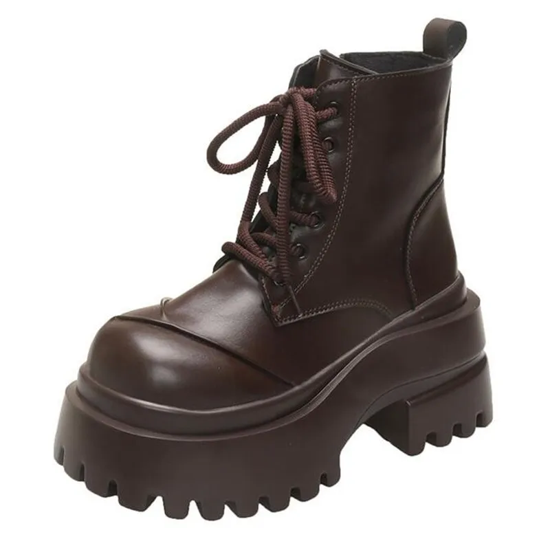 العلامة التجارية النساء أحذية عالية منصة القوطية الجلود فاسق حذاء الإناث الكاحل قصيرة أحذية قتالية 9 سنتيمتر إسفين الكعوب مكتنزة دراجة نارية الأحذية #1