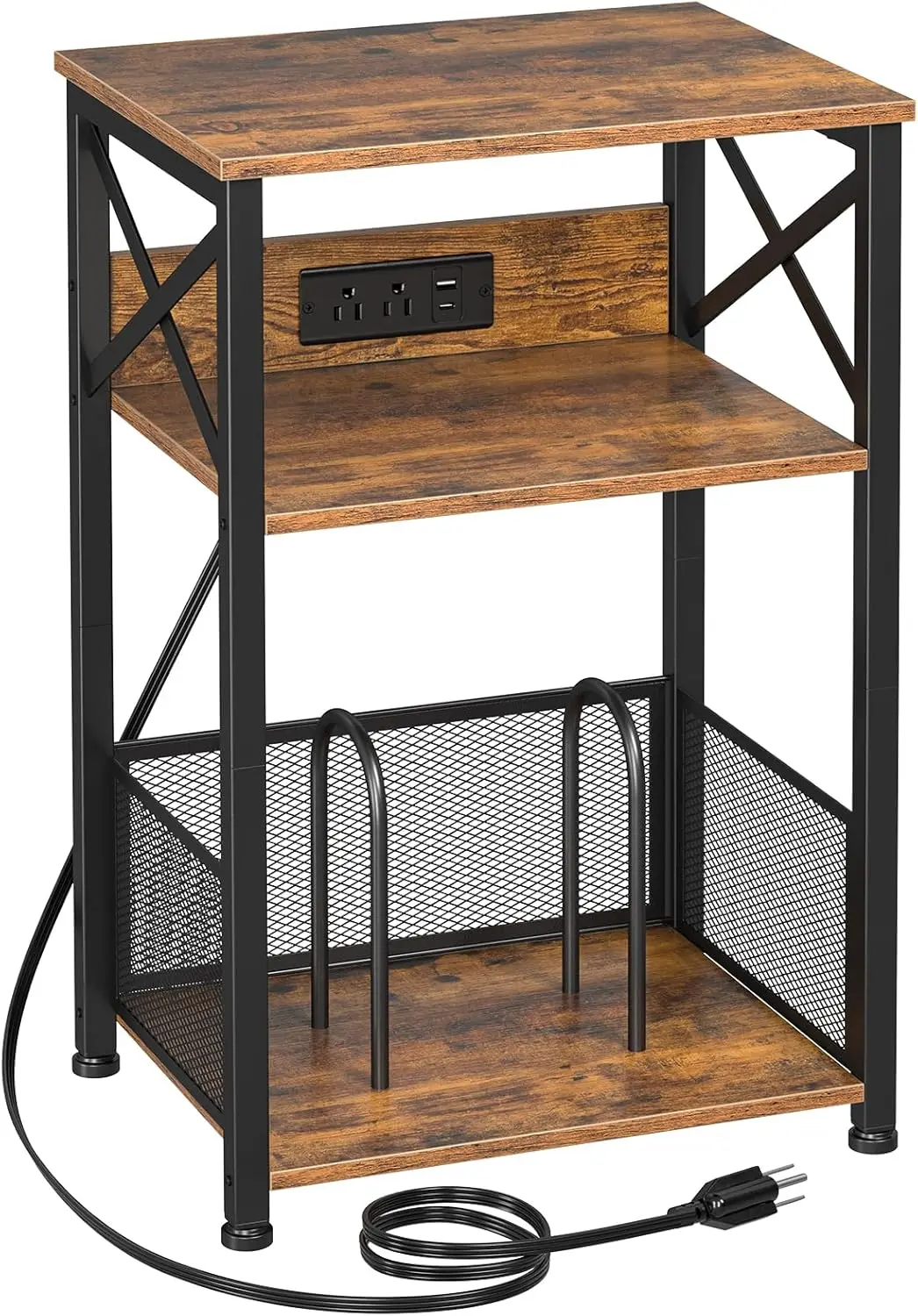 

3-уровневая подставка для поворотного стола с зарядной станцией, хранилище на 100 альбомов, коричневый торцевой столик в деревенском стиле для гостиной