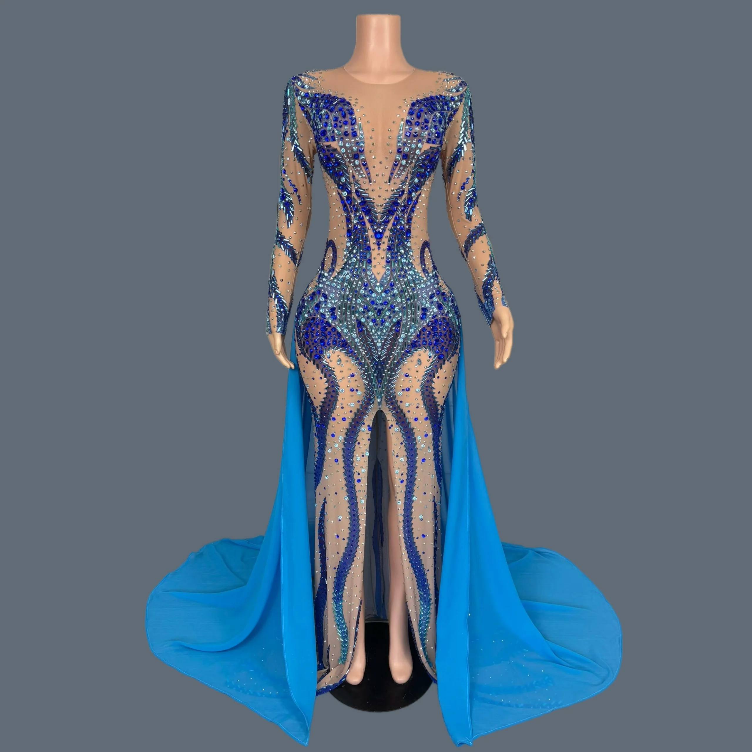 

Sexy Dance Party Side Slits Long Dress Prom Blue Floor-length Dress Event Sparkly Crystals Show Wear Mesh Evening Gown Kuyedie